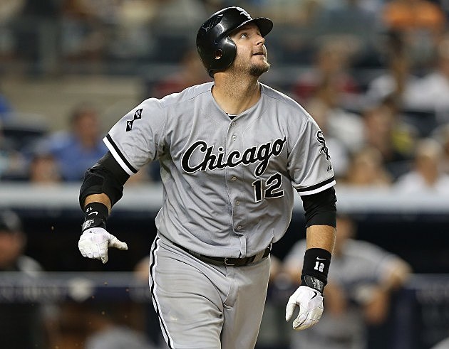 NEW YORK, NY - JUNE 29: A.J. Pierzynski #12 of the Chicago White Sox watches his hit against the New York Yankees on June 29, 2012 at Yankee Stadium in the Bronx borough of New York City. (Photo by Elsa/Getty Images)