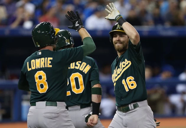 TORONTO, CANADA - AUGUST 9: Josh Reddick #16 of the Oakland Athletics is congratulated by Jed Lowrie #8 and Josh Donaldson #20 after hitting a 3-run home run in the sixth inning during MLB game action against the Toronto Blue Jays on August 9, 2013 at Rogers Centre in Toronto, Ontario, Canada. (Photo by Tom Szczerbowski/Getty Images) TORONTO, CANADA - AUGUST 9: Josh Reddick #16 of the Oakland Athletics is congratulated by Jed Lowrie #8 and Josh Donaldson #20 after hitting a 3-run home run in the sixth inning during MLB game action against the Toronto Blue Jays on August 9, 2013 at Rogers Centre in Toronto, Ontario, Canada. (Photo by Tom Szczerbowski/Getty Images)