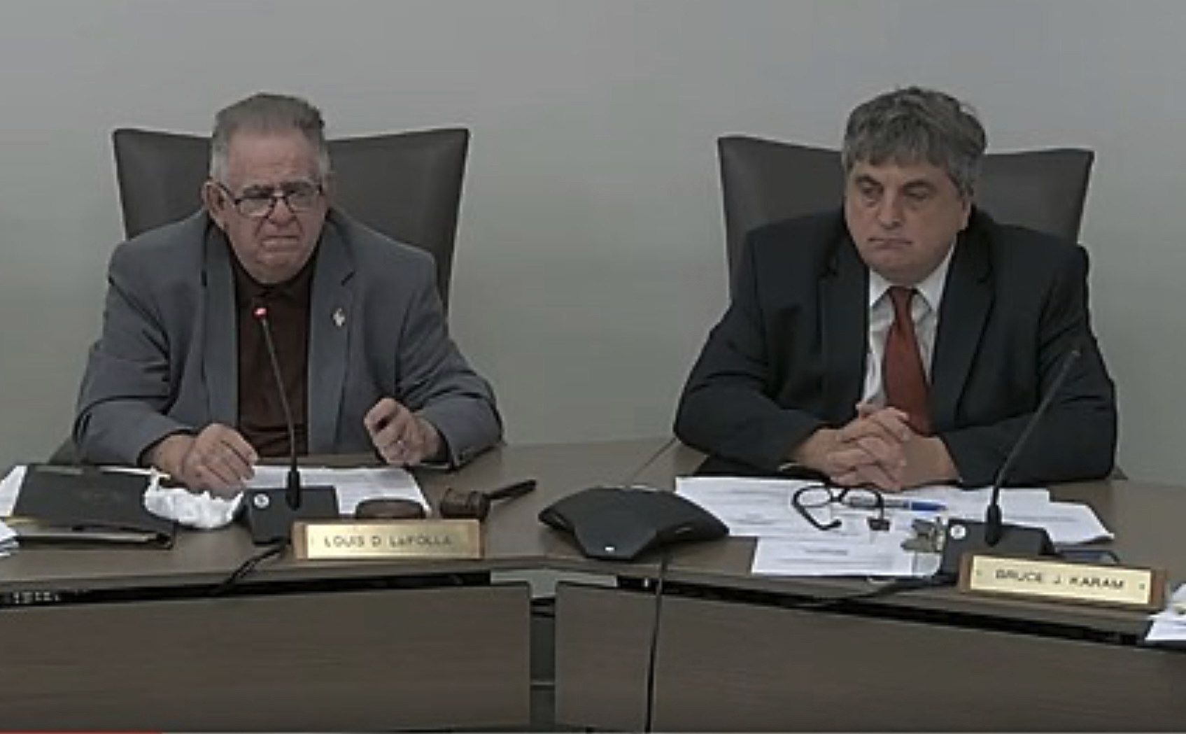 Former Utica School Board President Lou Lapolla and Superintendent Bruce Karam. (Photo from District Live Stream)