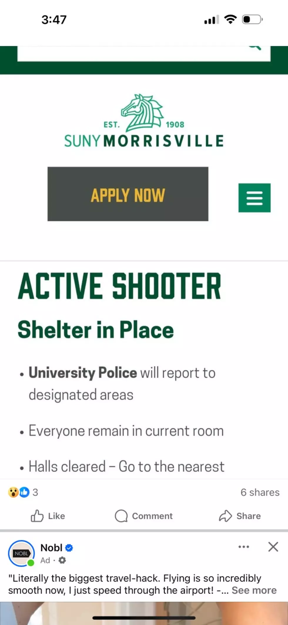 Latest: 1 Male Shot on Campus, Shelter in Place at SUNY Morrisville